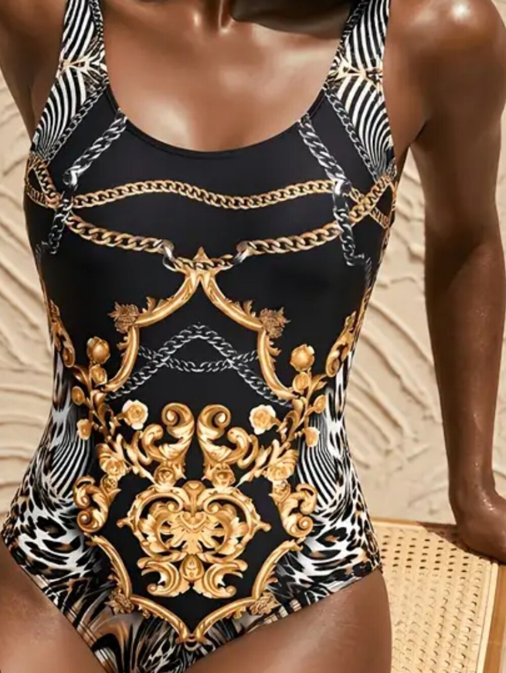 Black & Gold Baroque One-Piece Swimsuit - Women.